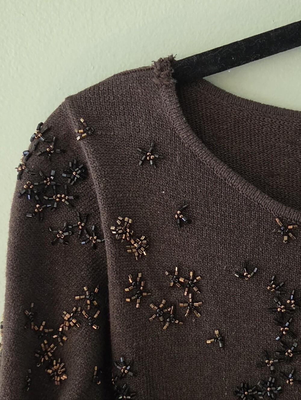 Carmen Marc Valvo Beaded Knit Sweater Top Espresso Brown Shimmer Size M Medium - Picture 5 of 5